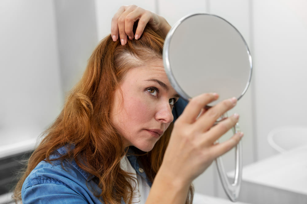woman looking at hair roots
